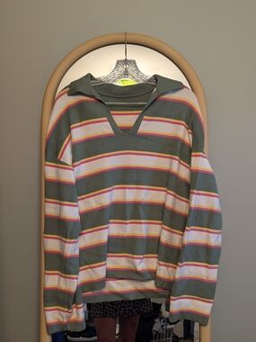 Oversized Striped V-Neck Polo Sweater